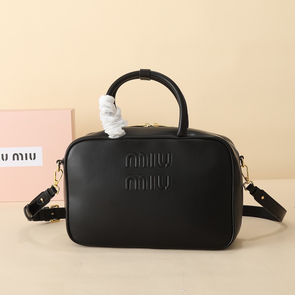 Miu Miu Black Leather Top Handle Bag Embossed Logo Detachable Crossbody Strap